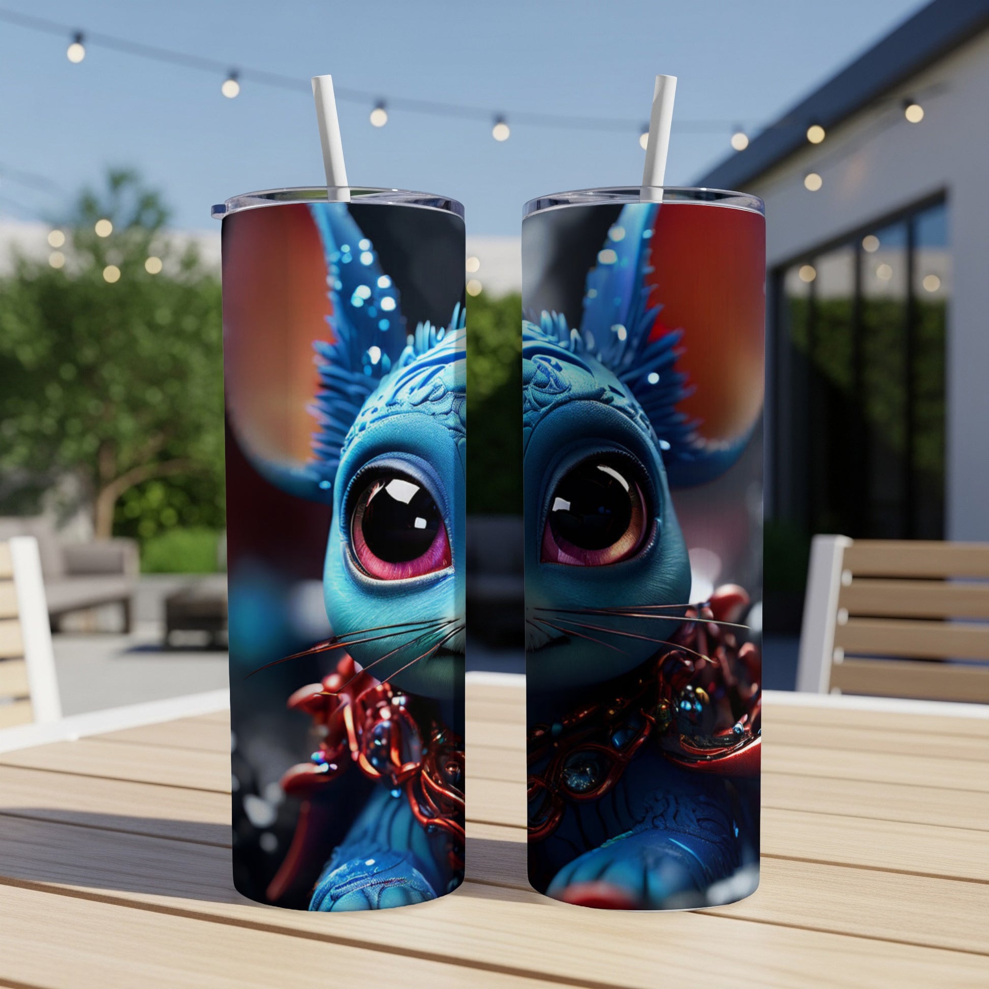 Two blue cartoon bunnies with pink eyes on a table outdoors.