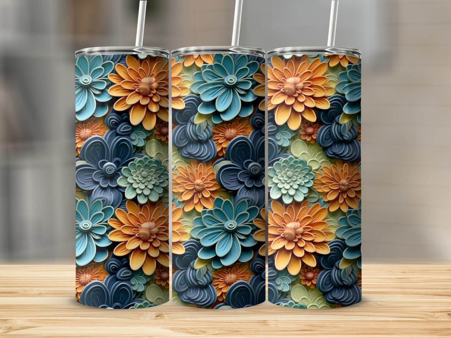 Vibrant Floral Pattern Insulated Tumbler with Straw