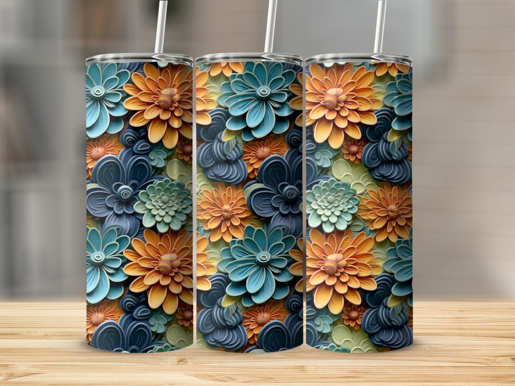Vibrant Floral Pattern Insulated Tumbler with Straw