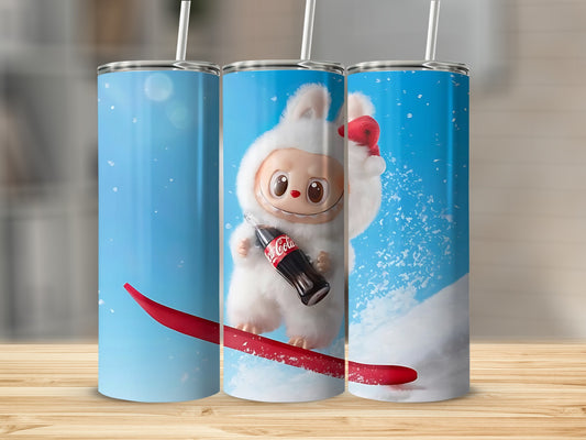 Cute Snowboarding Animal Holding Coke Tumbler Cup Design