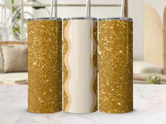 Three tumblers with gold glitter and a cream wavy pattern.
