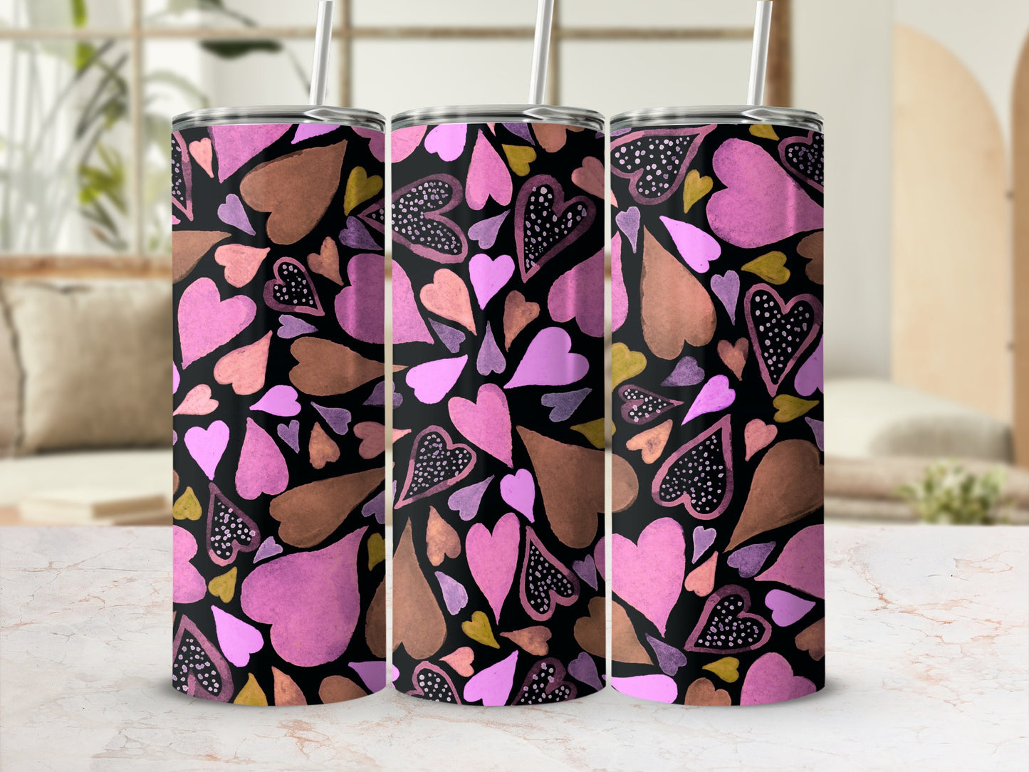 Black and Pink Hearts Patterned Tumbler Drinkware