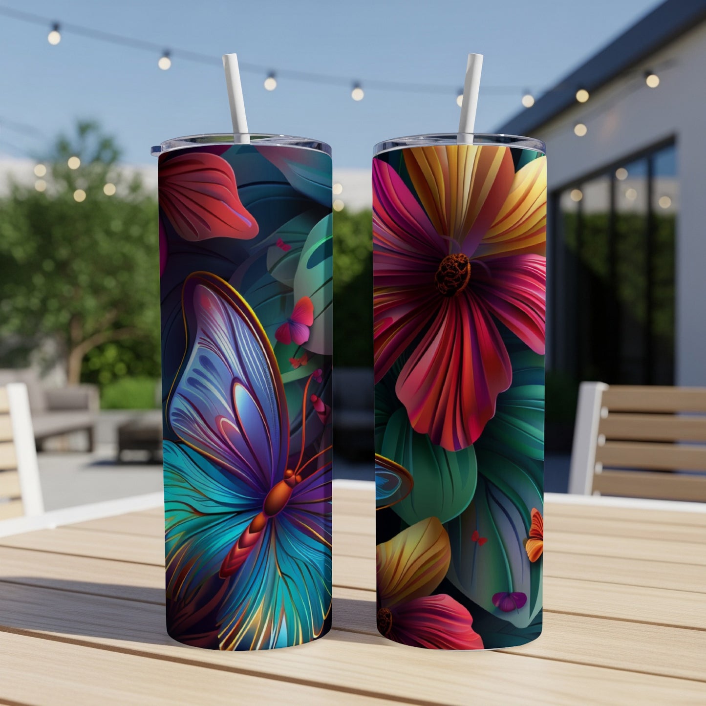Two tumblers with vibrant butterfly and floral designs on a wooden table.