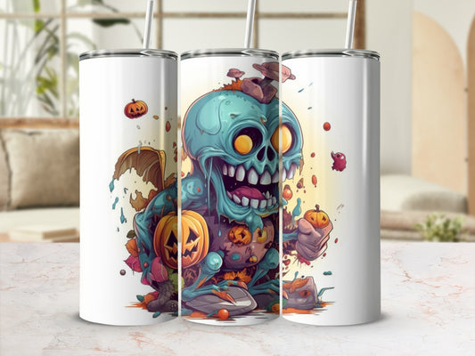 Tumblers with a cartoon zombie and pumpkins design.