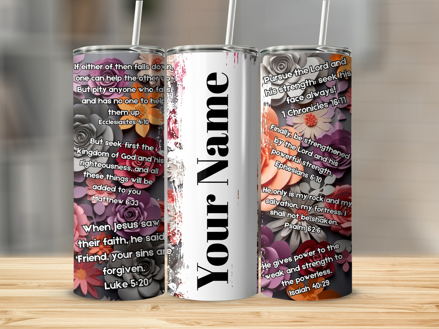 Personalized Floral Design Tumbler with Bible Verses