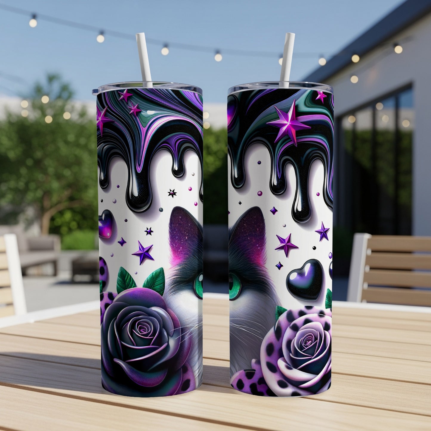 Two purple and black dripping slime cat tumblers with roses and stars.