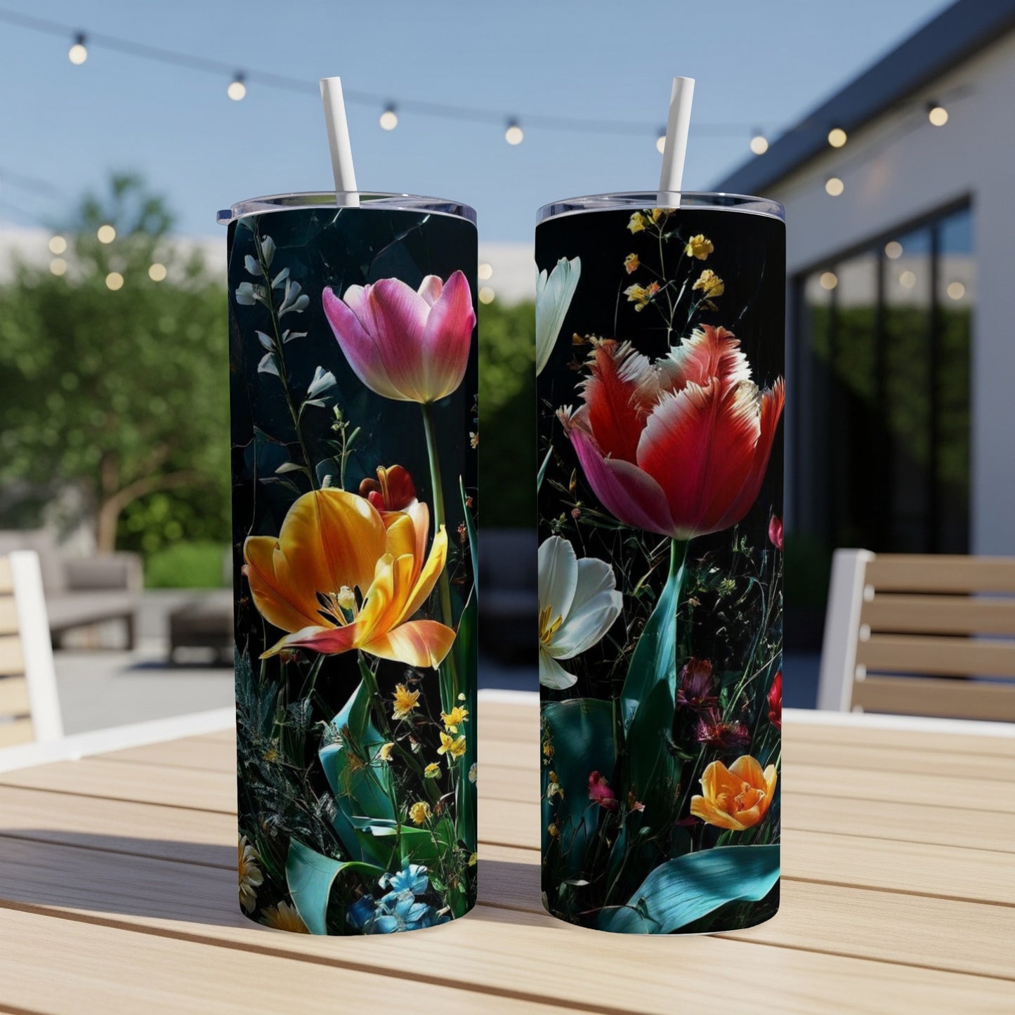 Two tall tumblers featuring colorful tulips and greenery.