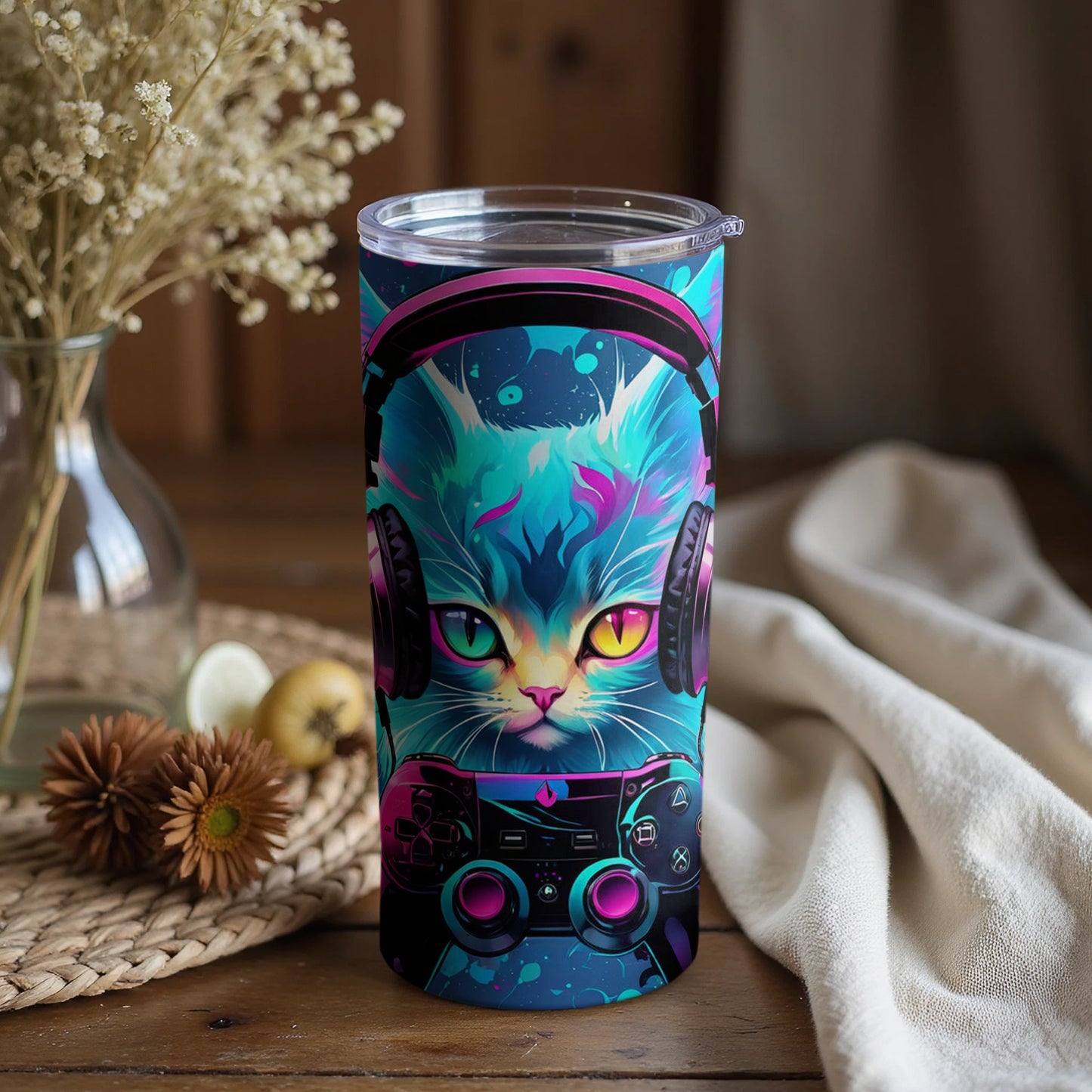 Colorful Cat with Headphones and Game Controller Tumbler