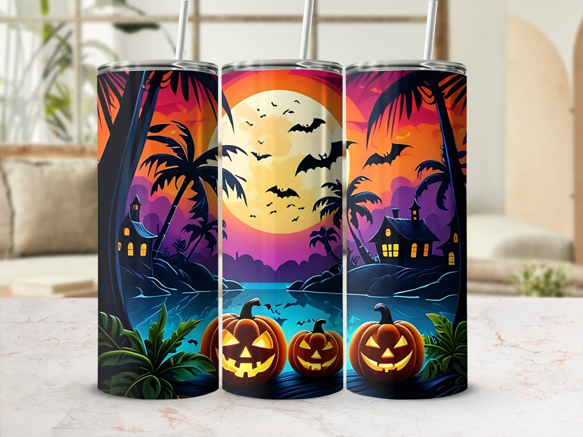 Halloween themed tumblers with pumpkins, bats, and spooky houses under a colorful sky.