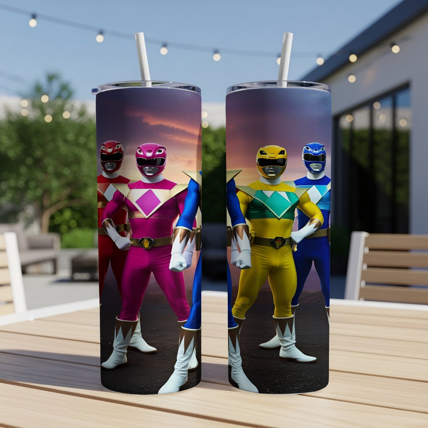 Two Pink, Yellow, and Blue Power Rangers in protective gear.