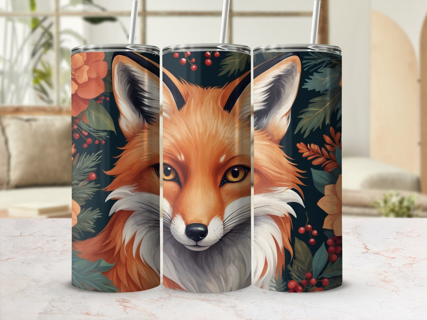 Close-up of a fox's face with floral and berry accents.