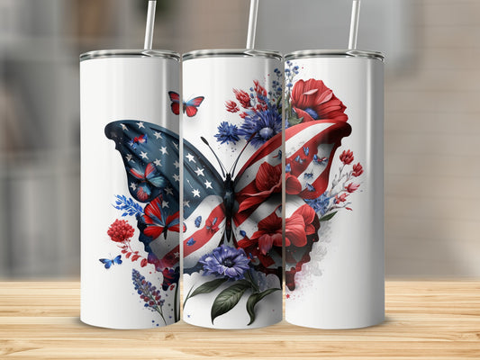 Three tumblers with patriotic butterfly and floral designs.