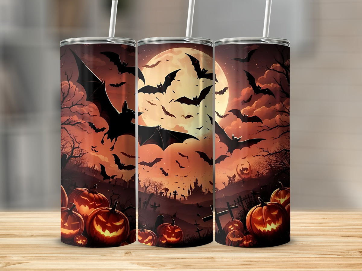 Three tumblers with a spooky Halloween scene featuring pumpkins, bats, and a full moon.