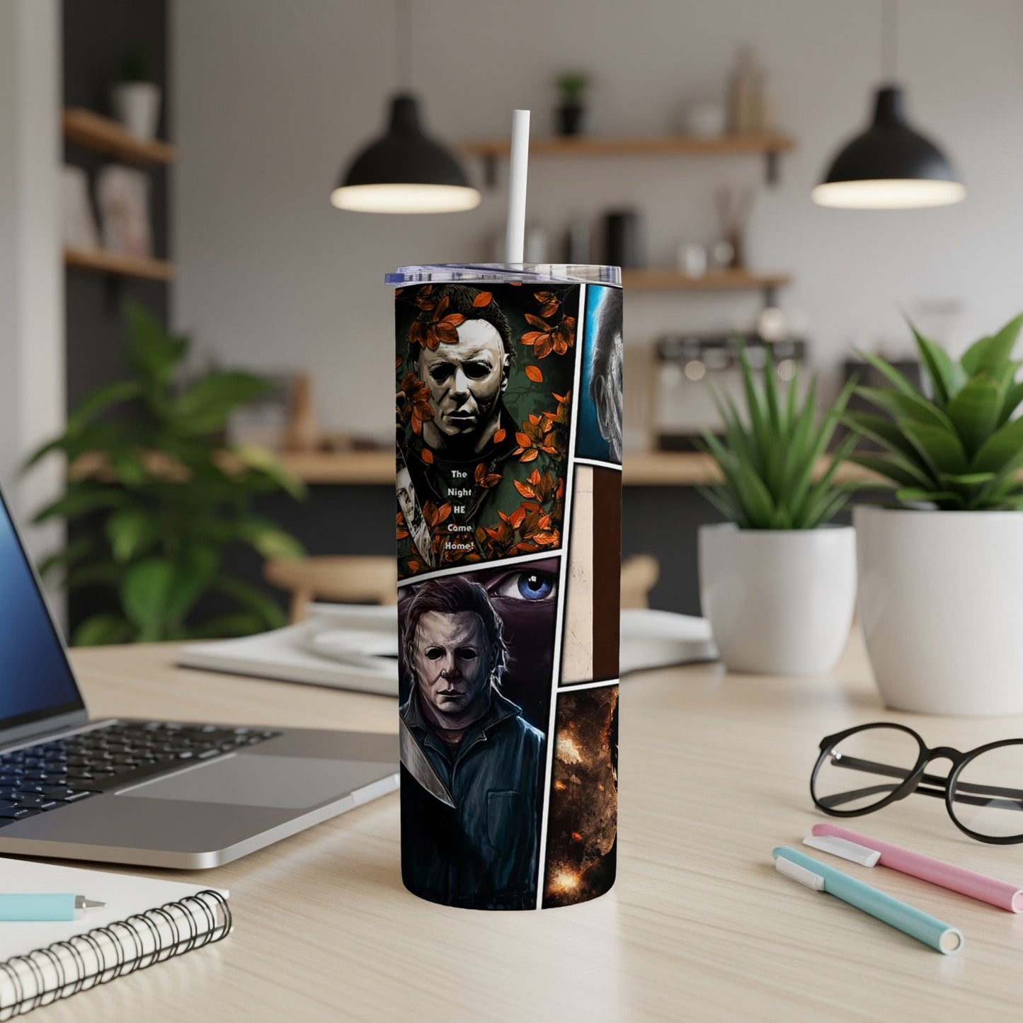 Michael Myers Halloween movie collage on a white tumbler with straw.