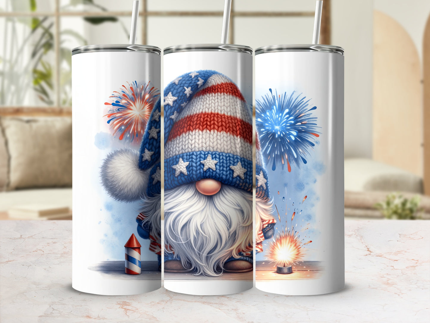 Gnome in patriotic hat and fireworks design on three tumblers.