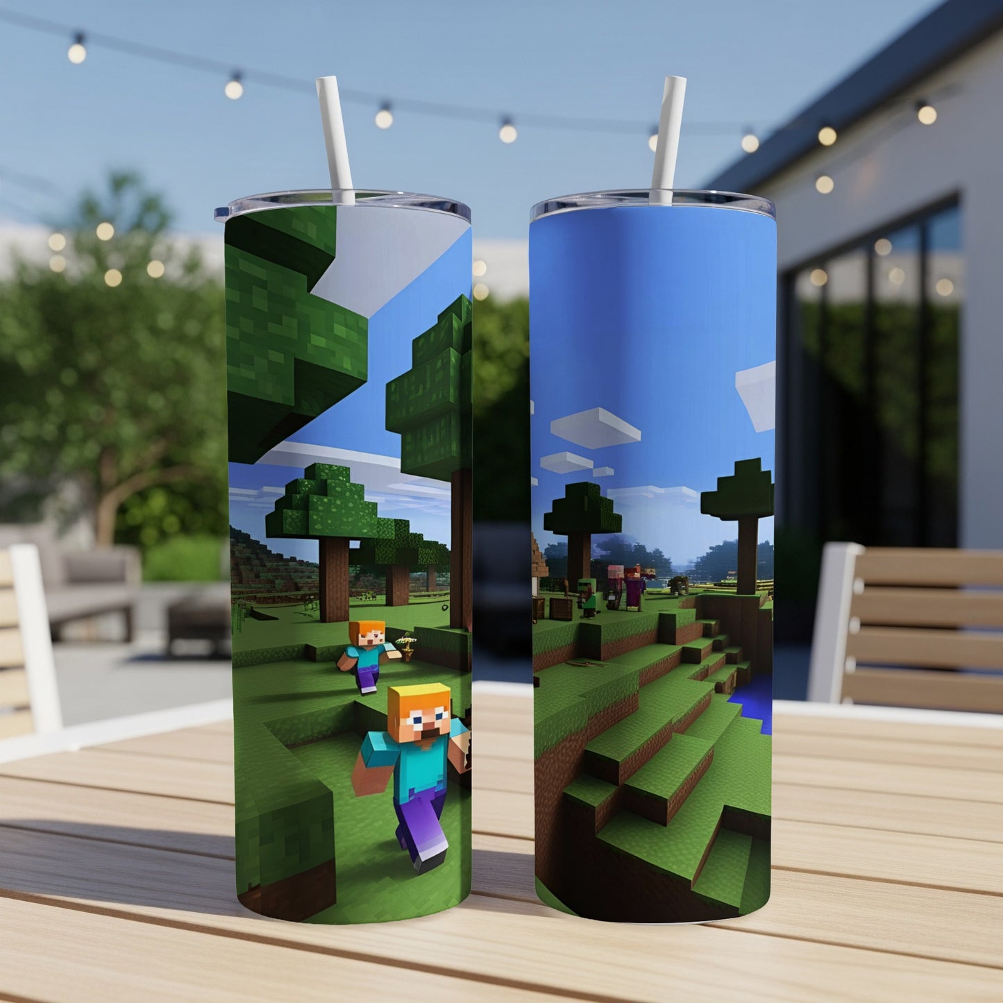 Minecraft characters in a blocky, pixelated landscape on two tumblers.