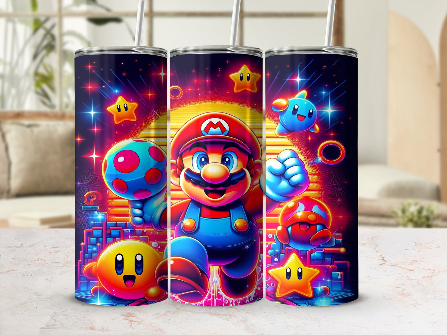 Super Mario and friends with stars and colorful city skyline on a tumbler.