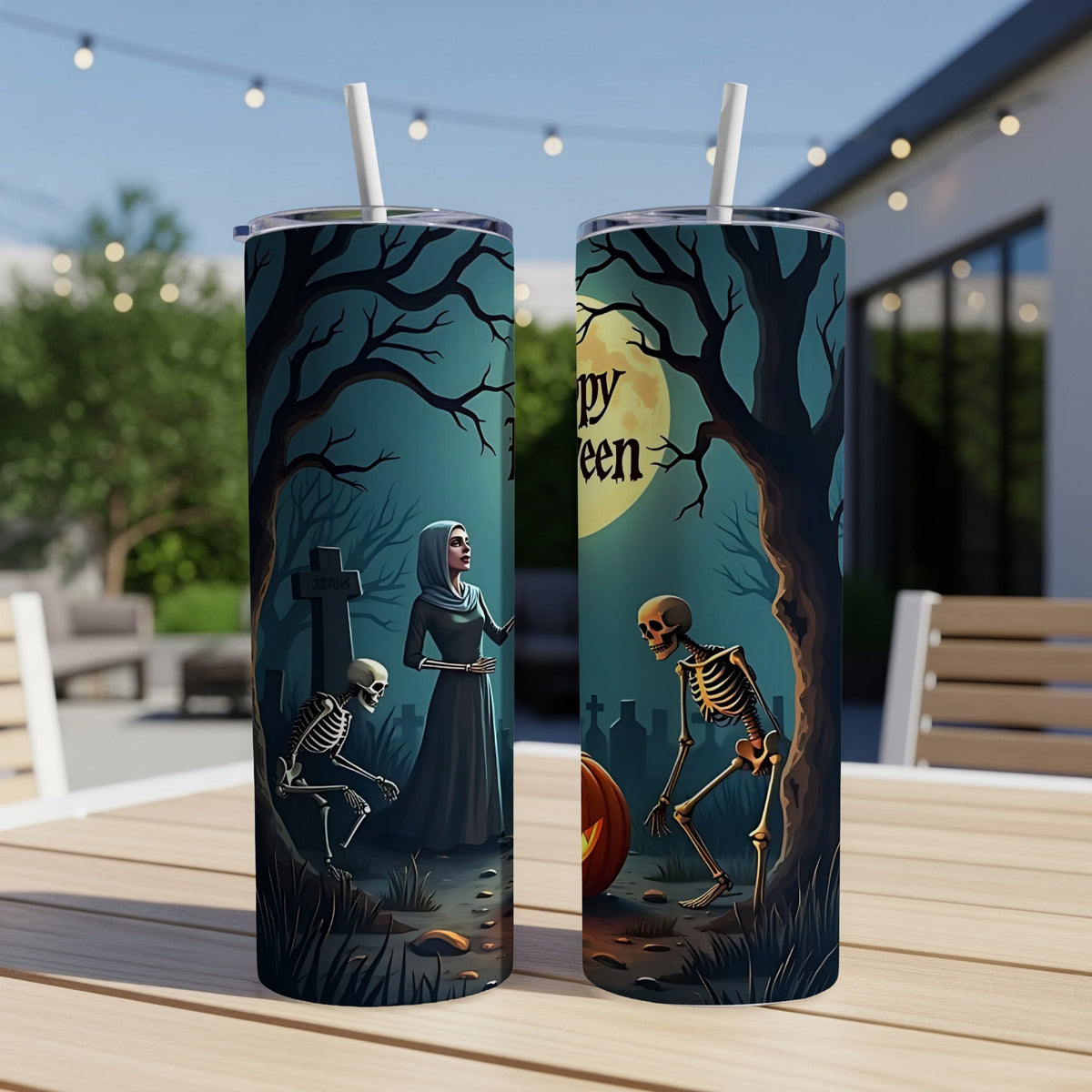Two tumblers with a Halloween cemetery scene featuring skeletons and the text "Happy Halloween".