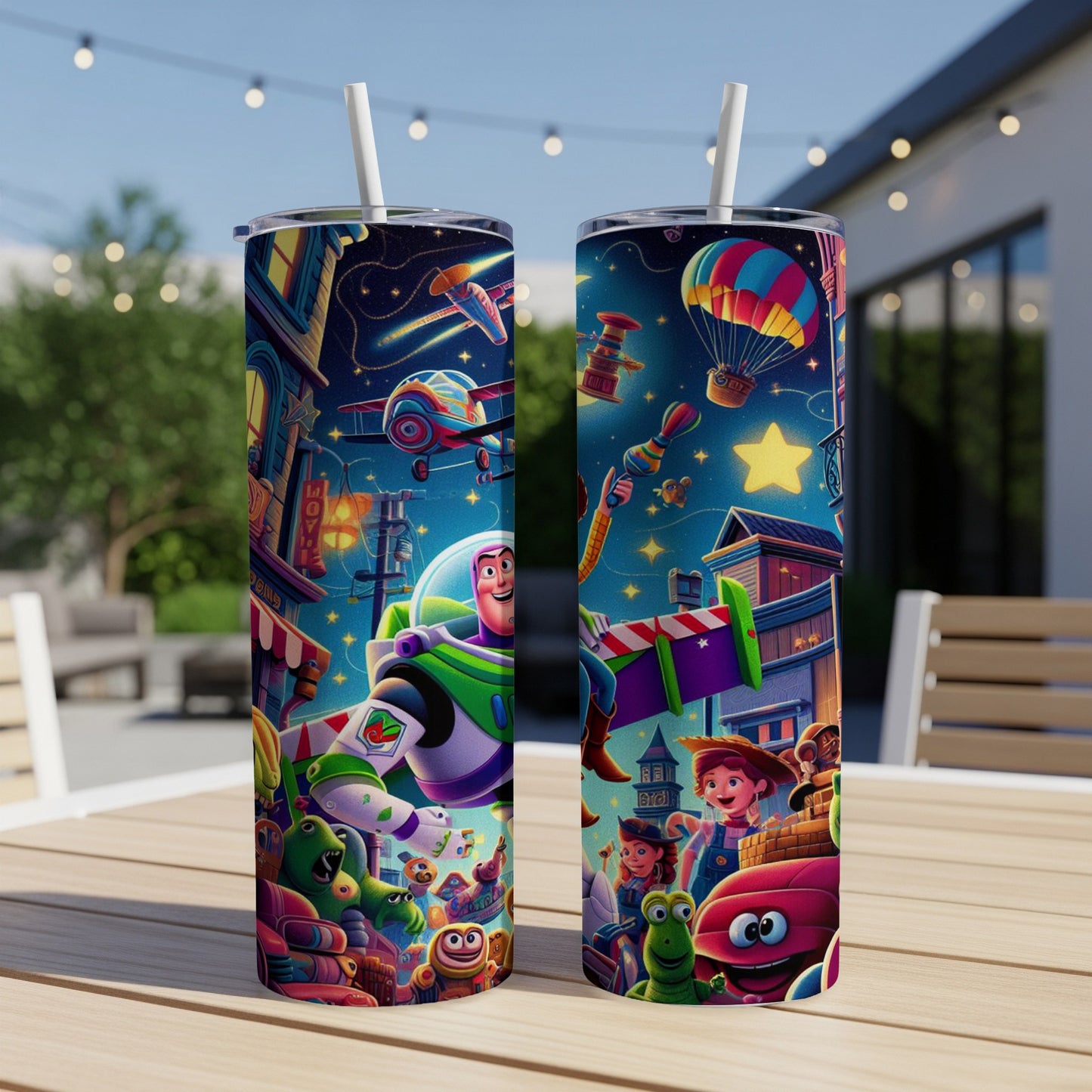 Buzz Lightyear and friends on a colorful, starry night scene.