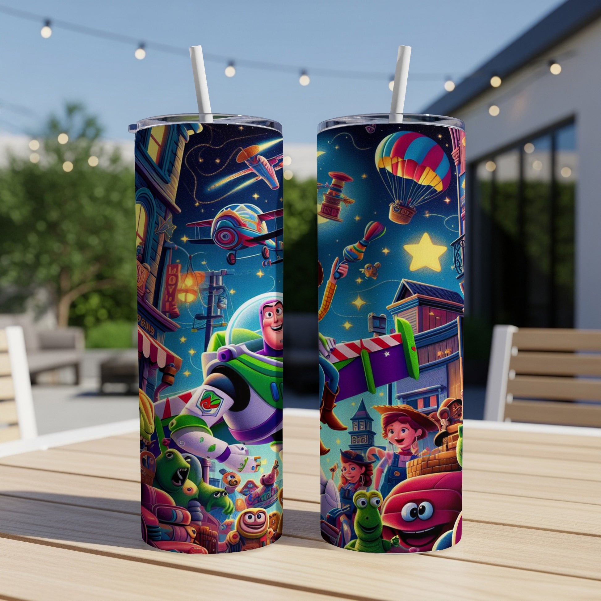 Buzz Lightyear and friends on a colorful, starry night scene.