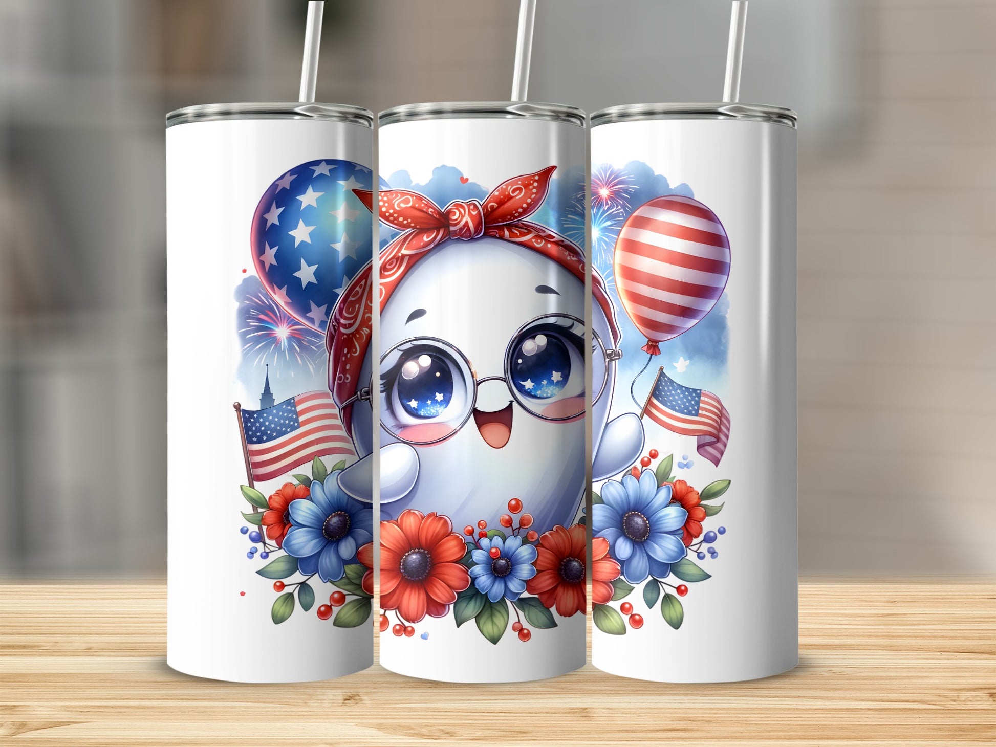 Cute ghost with patriotic decorations, bandana, and flags.