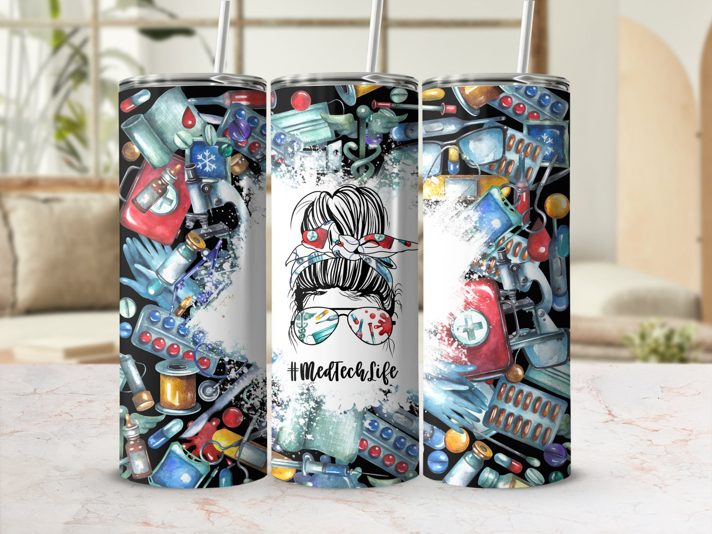 Tumbler with medical icons and #MedTechlife text on a white background.