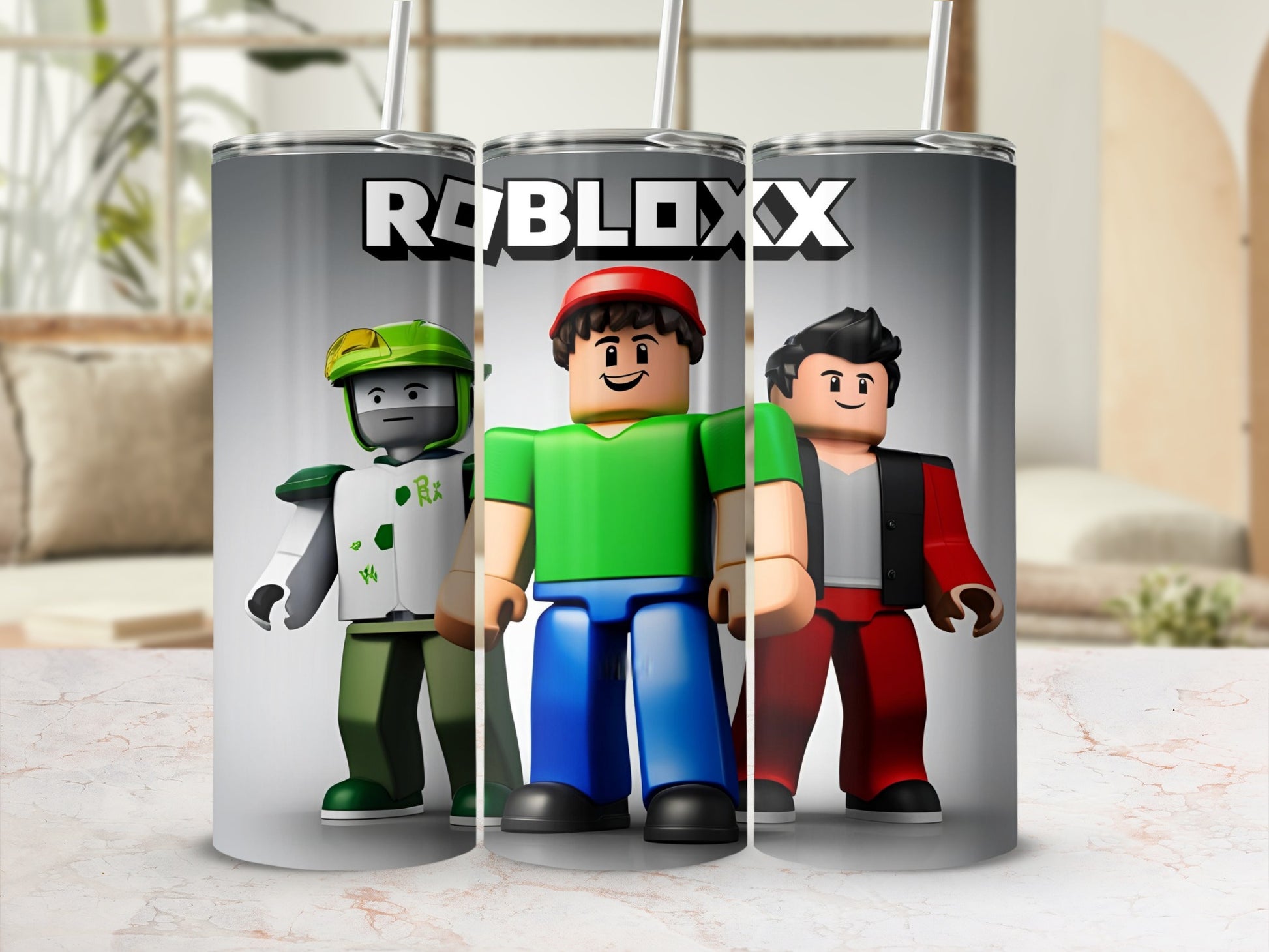 Roblox characters in green, red, and black outfits stand together.