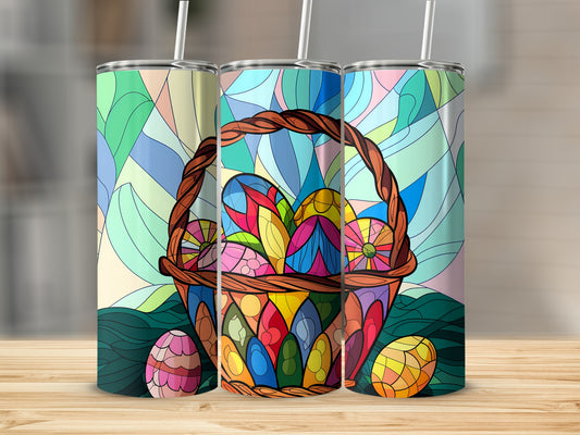 Easter basket with colorful eggs and stained glass background.