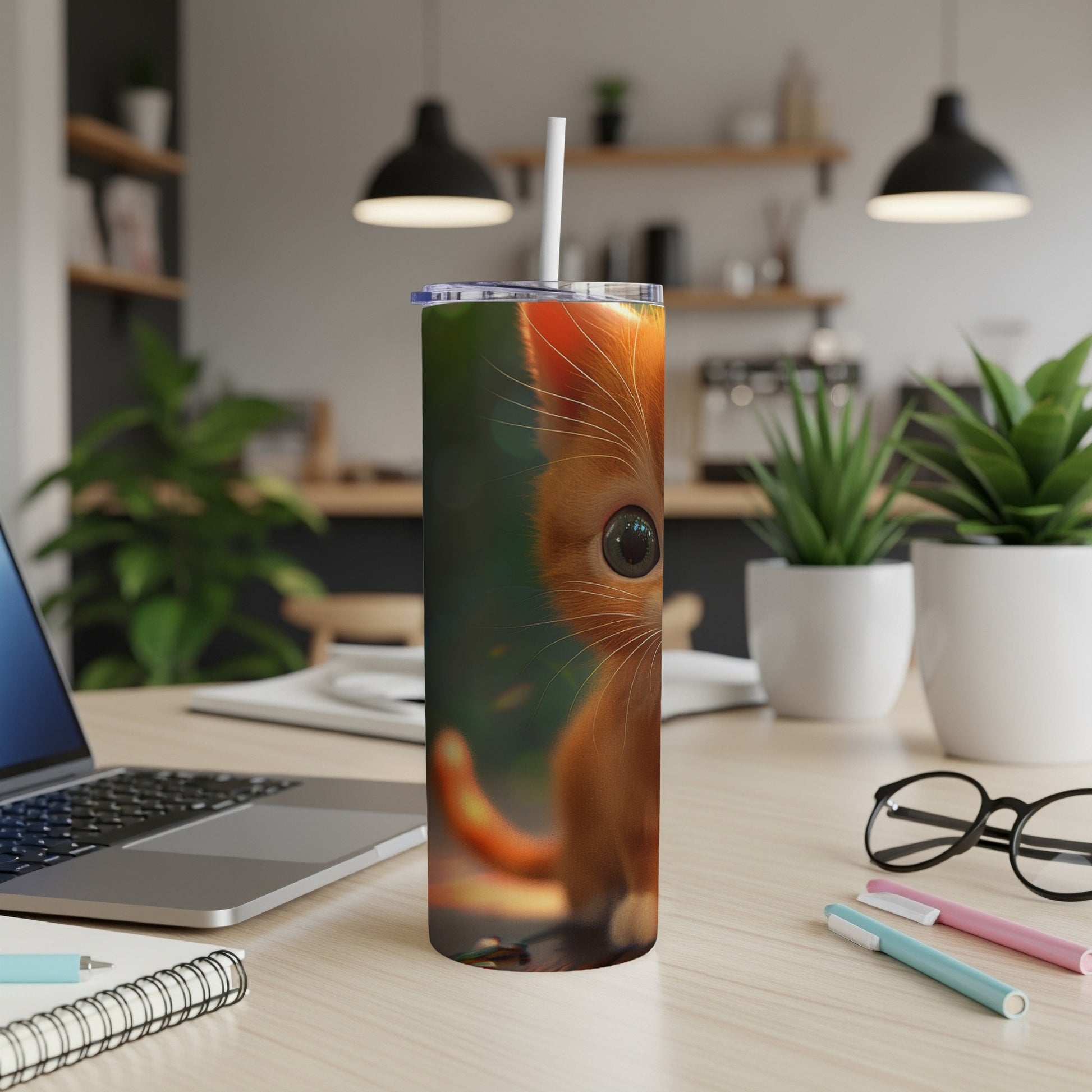 Orange tabby cat face on a skinny tumbler with straw, on a desk.