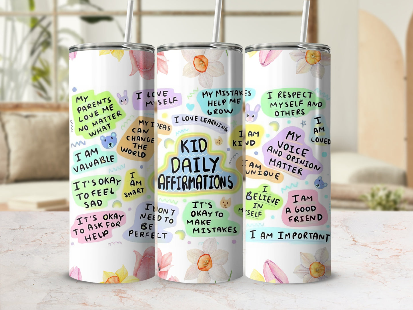 Kid Daily Affirmations Colorful Tumbler with Motivational Quotes