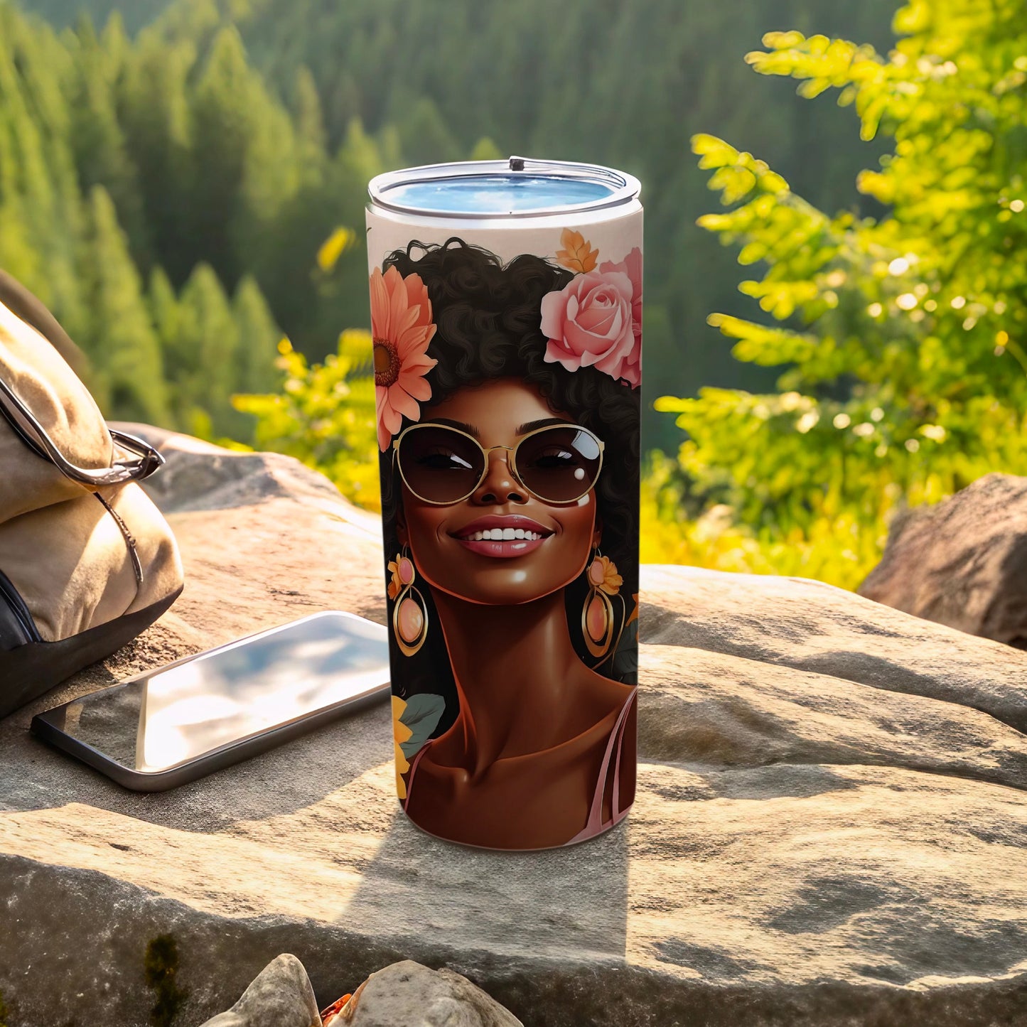 Woman with flowers in hair and sunglasses on a tumbler.