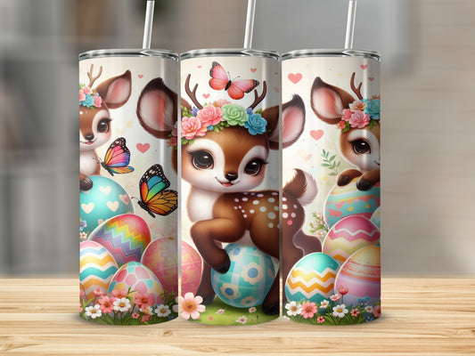 Three tumblers with deer, butterflies, and Easter eggs.