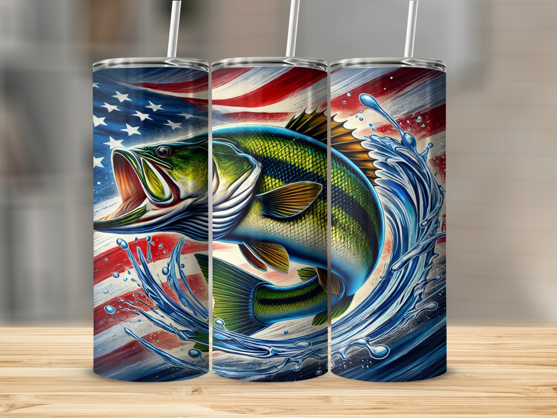 American Flag Fish Catching Splash Artwork Tumbler
