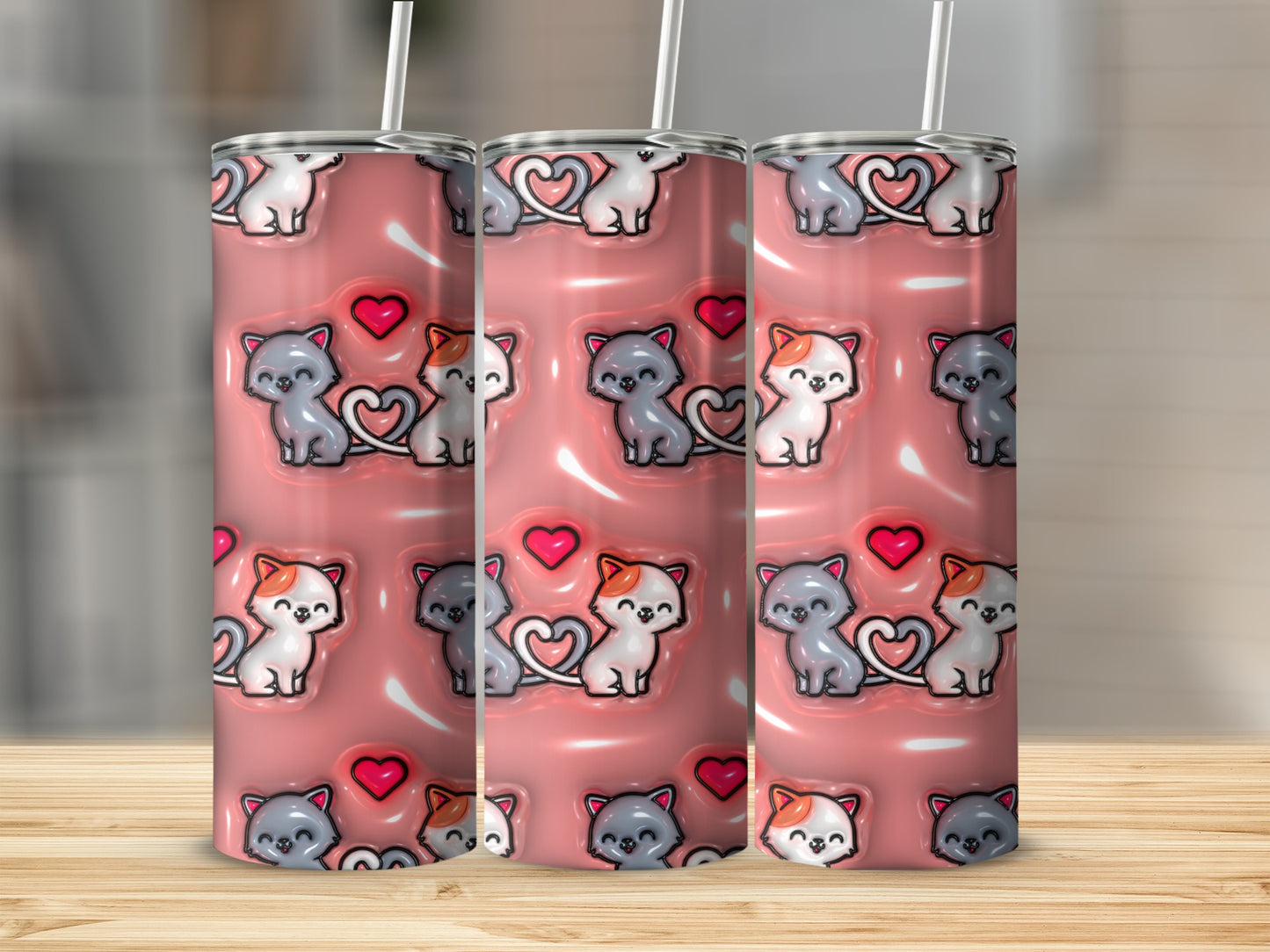 Adorable Cartoon Kittens and Hearts Themed Tumblers