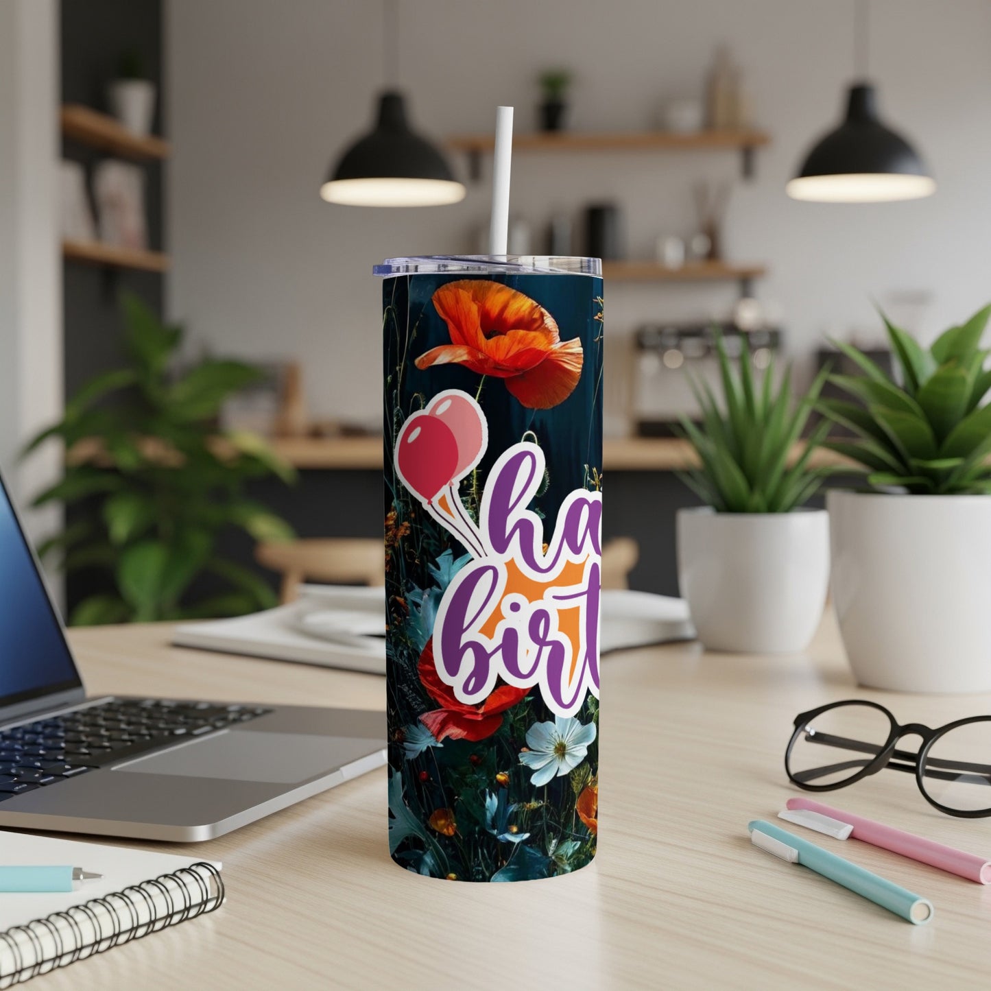 Tall tumbler with "Happy Birthday" text and floral design.