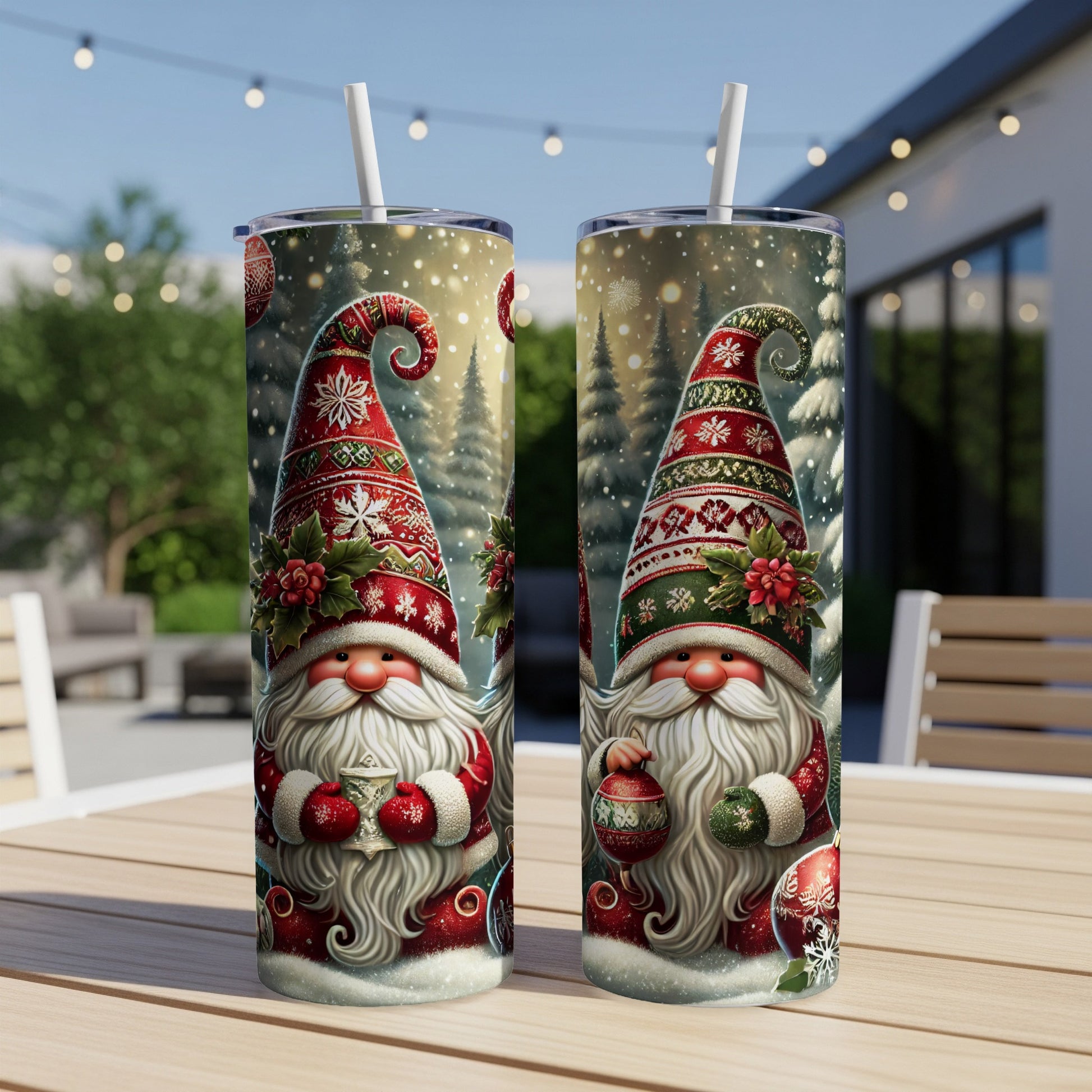 Two Christmas gnomes holding ornaments on tumblers.