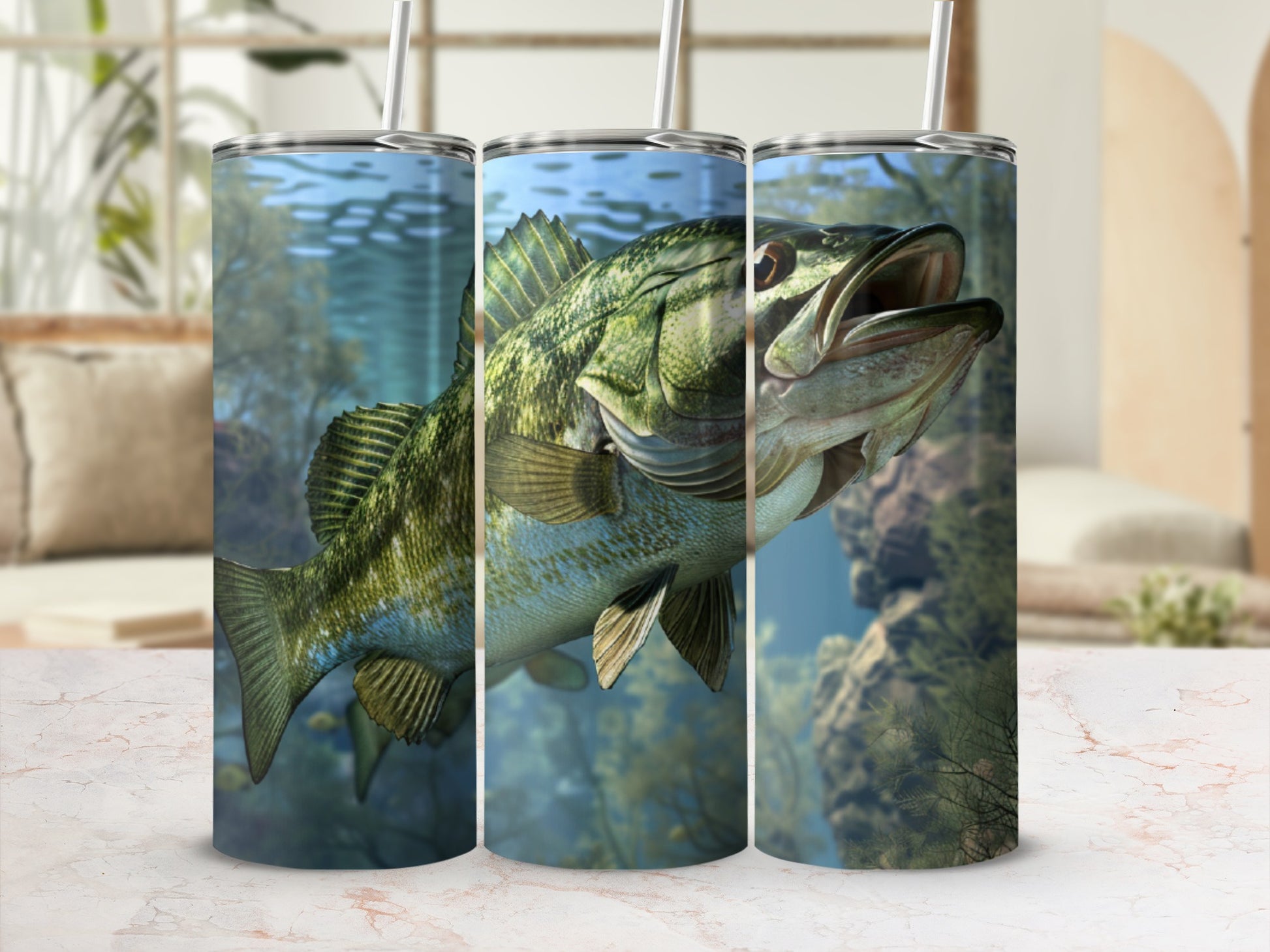 Largemouth bass fish design on a set of three tumblers.