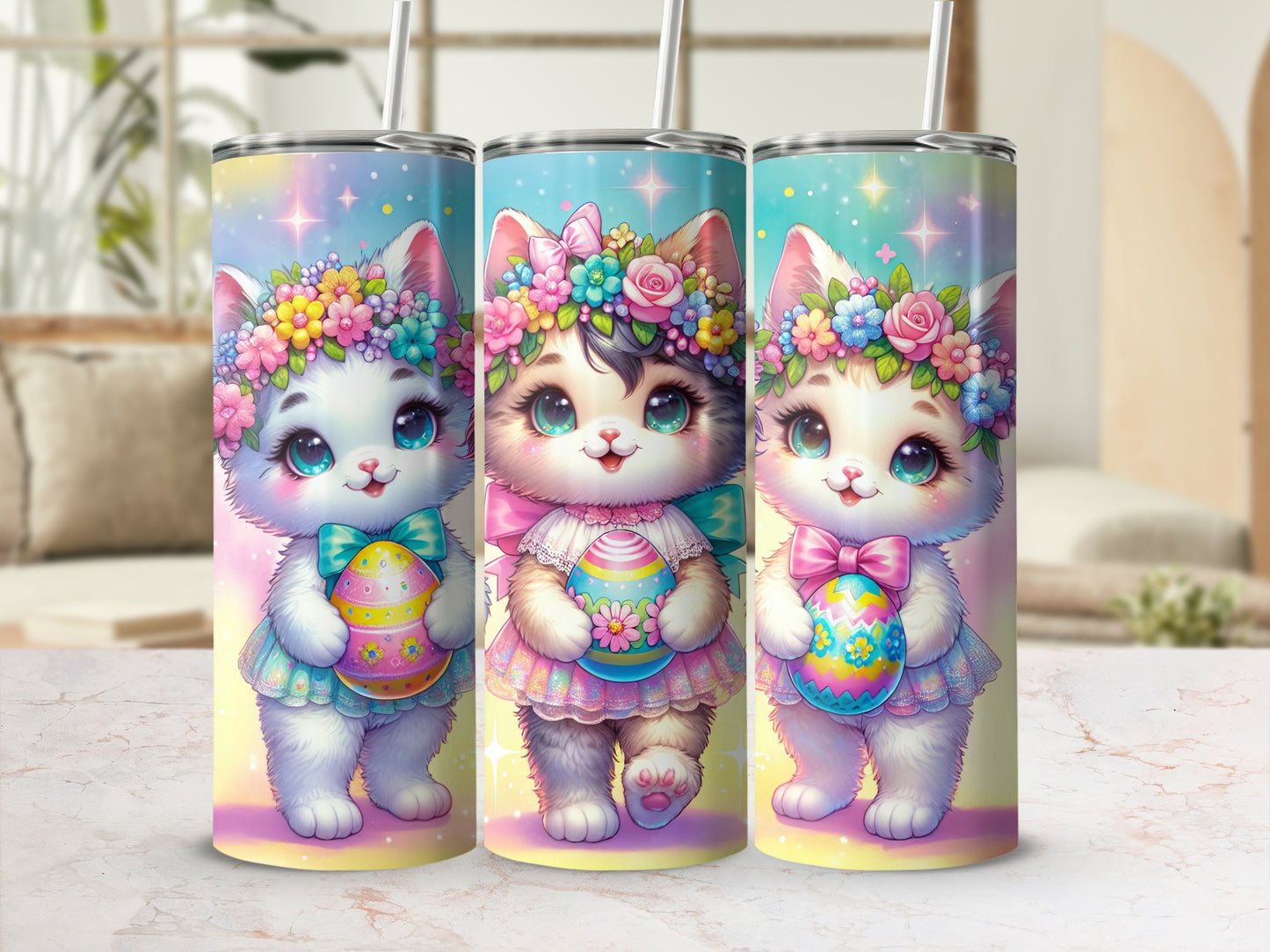 Three cute cartoon cats in floral wreaths holding Easter eggs.