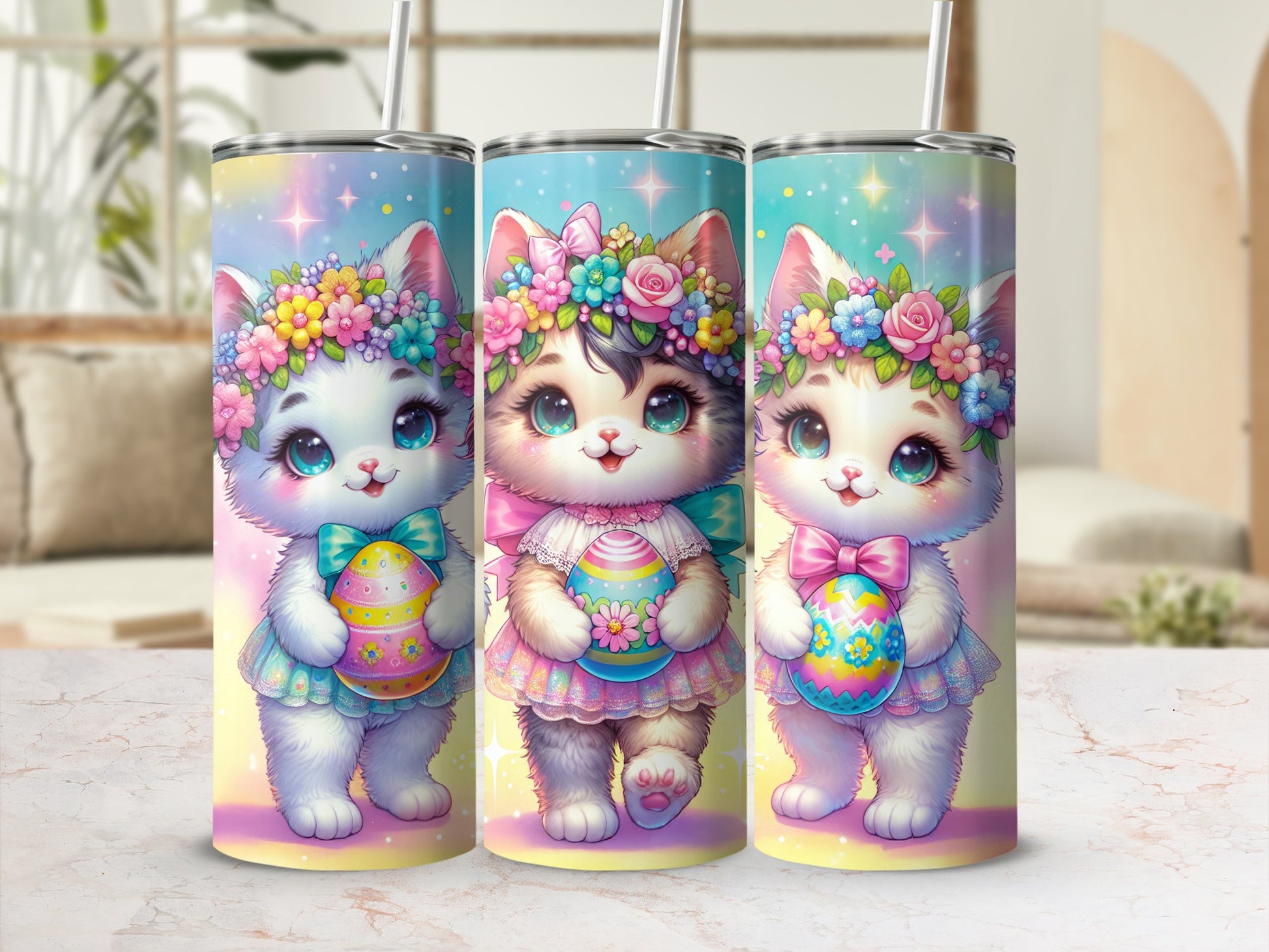 Three cute cartoon cats in floral wreaths holding Easter eggs.