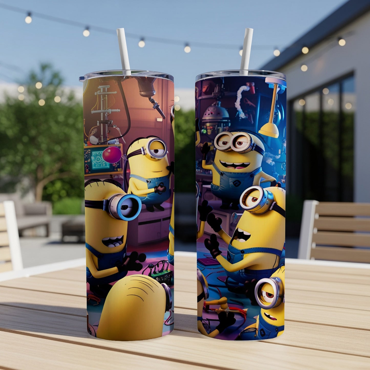 Minions characters in a lab setting on two double-walled insulated tumblers.