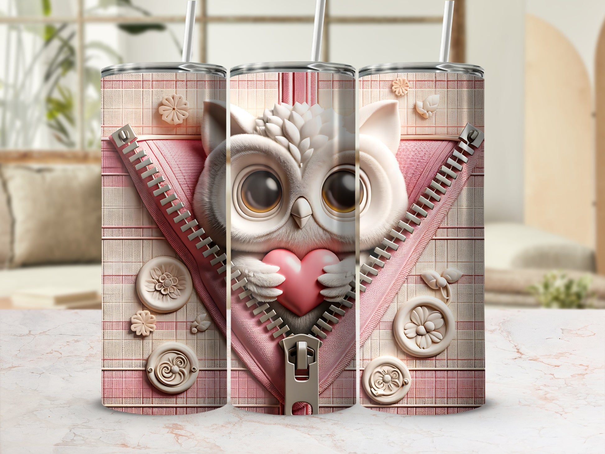 Pink zippered tumbler featuring a cute owl holding a heart.