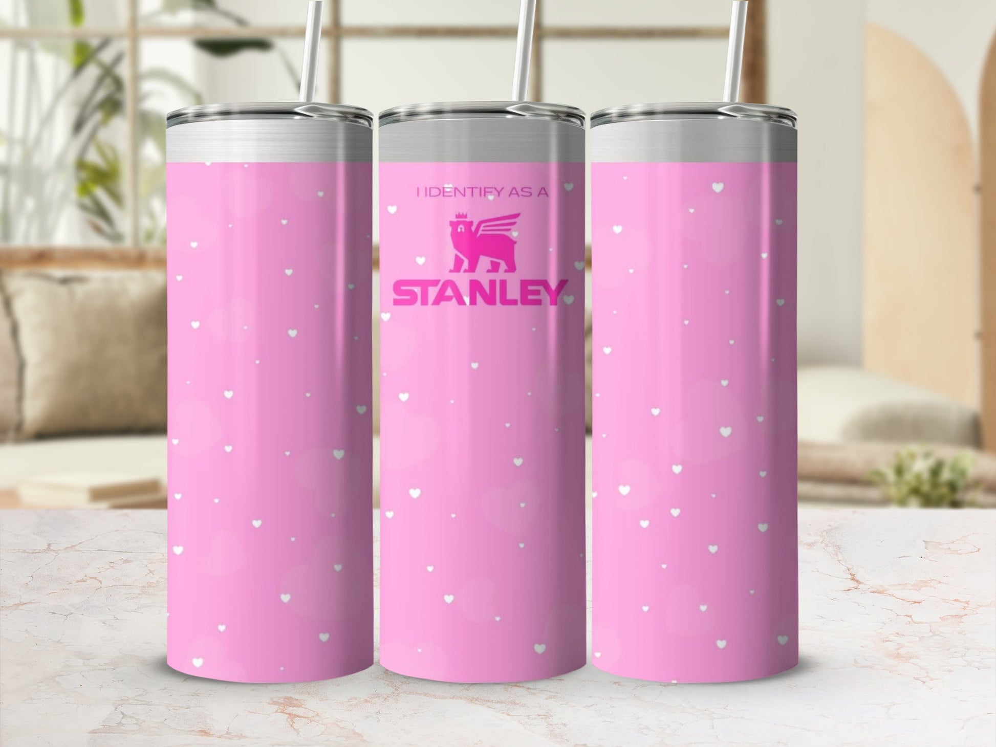 Pink Heart Pattern Stanley Tumbler with Straw