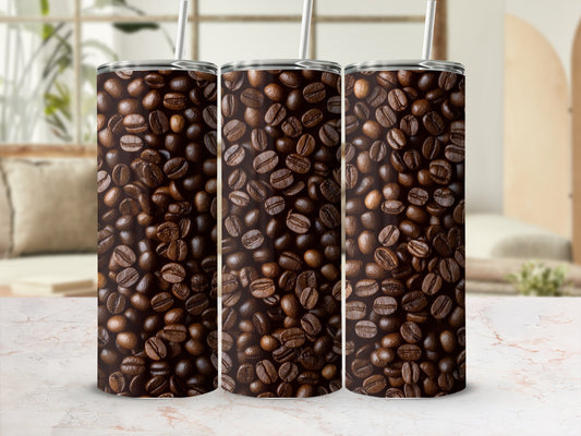 Three tall tumblers with a repeating pattern of roasted coffee beans.