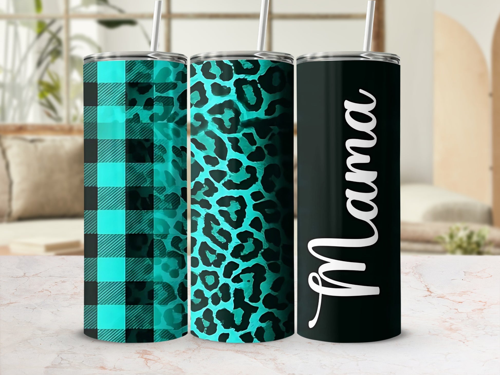 Turquoise Plaid Leopard and Mama Design Tumbler Set