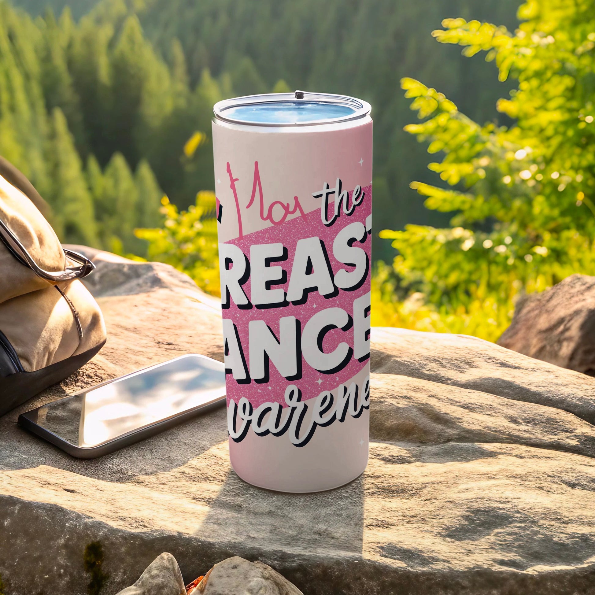 Pink tumbler with "You the REASNCeAwareness" text and glitter accents.