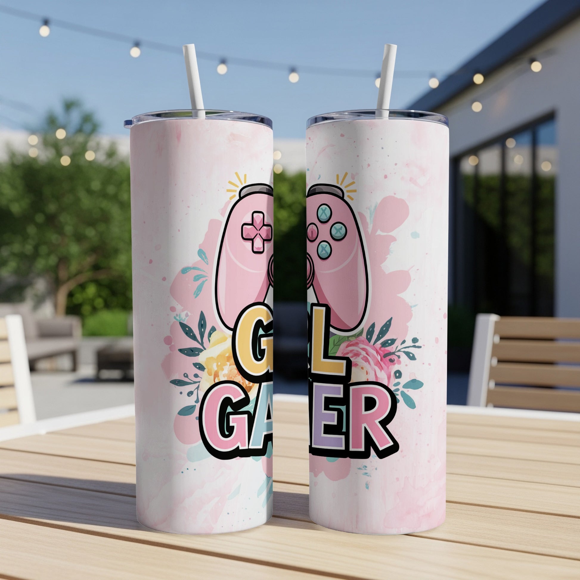 Two tumblers with "Girl Gamer" text and pastel floral gaming controller design.