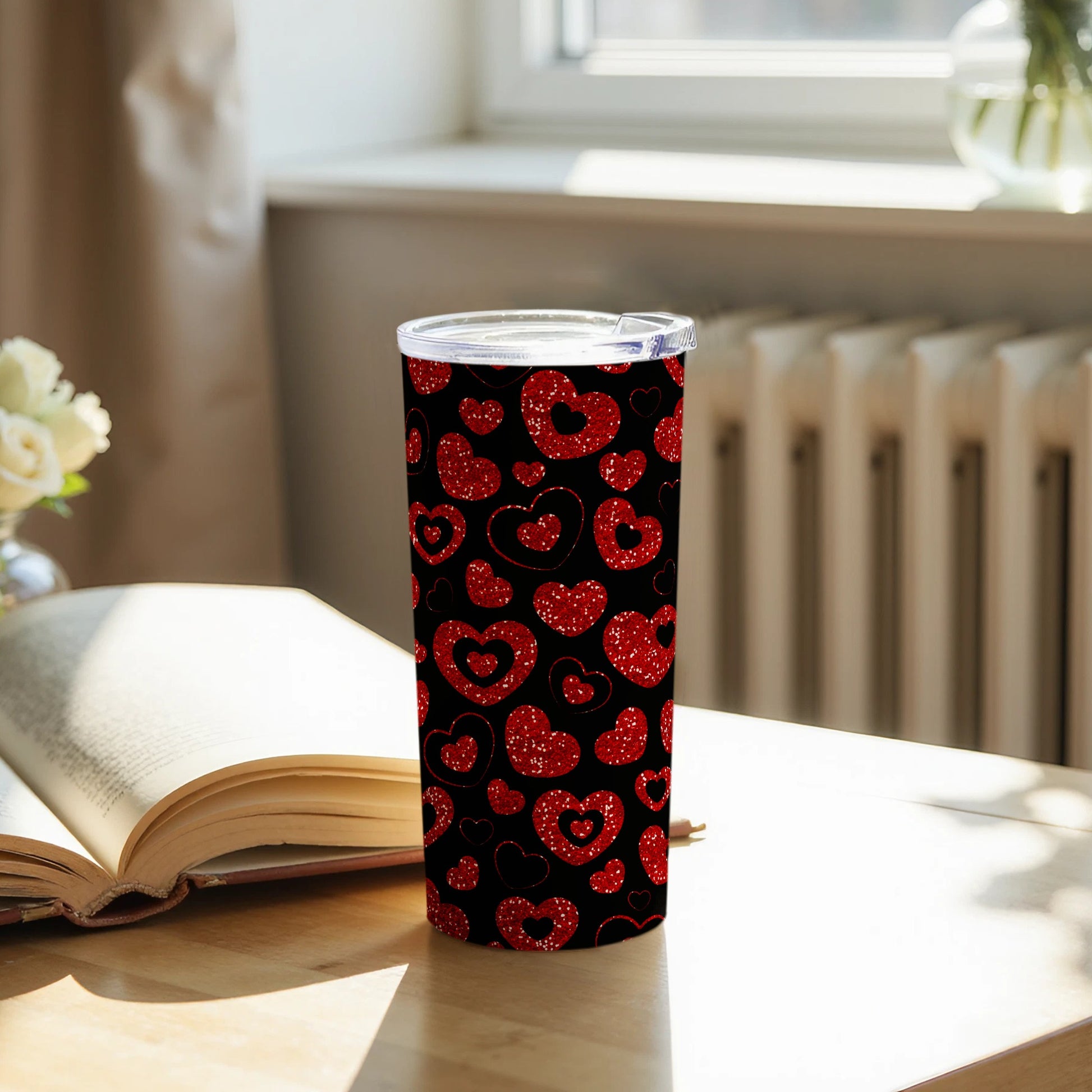 Glitter Red Hearts Patterned Insulated Travel Tumbler