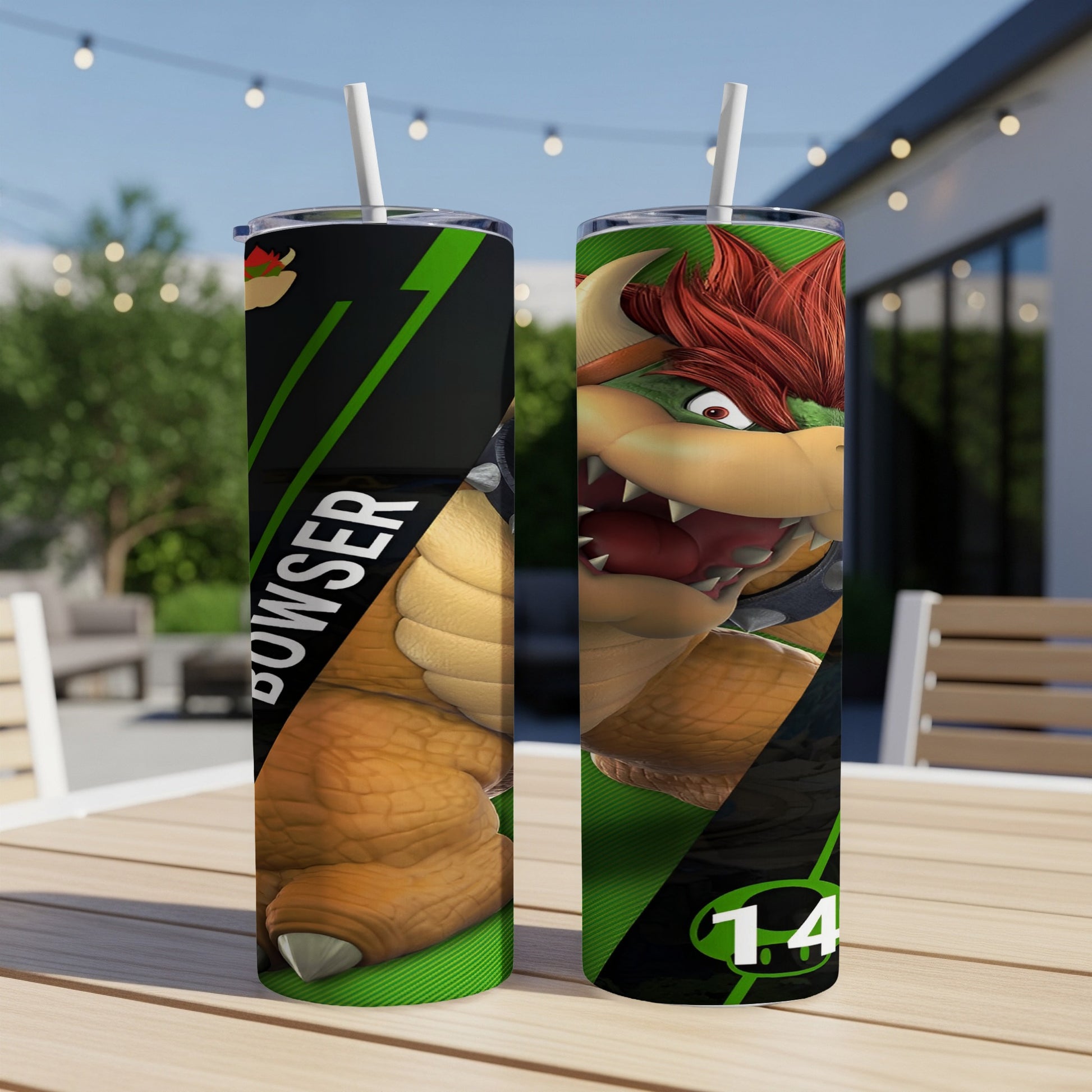 Bowser illustration on a green and black tumbler with "BOWSER" and "14".