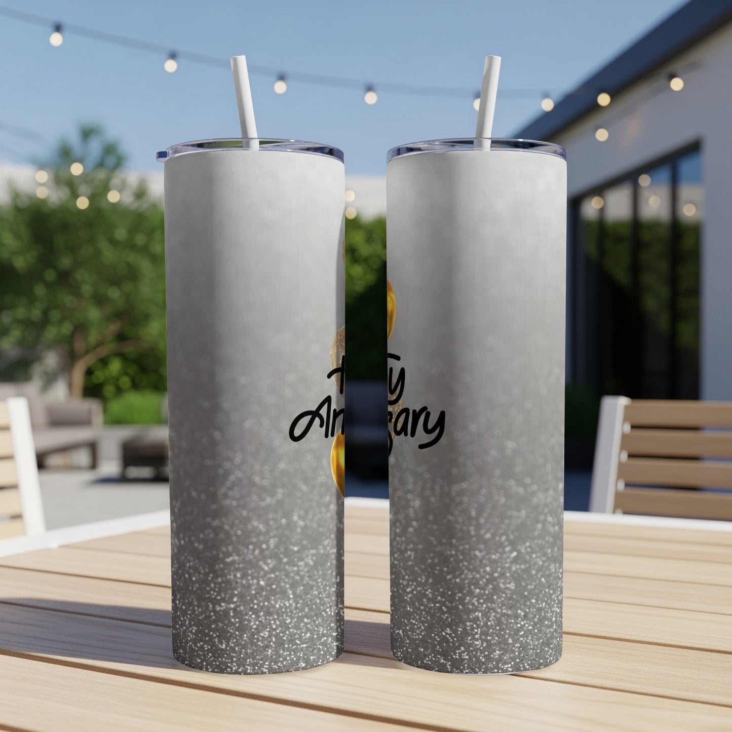 Two stainless steel tumblers with "Happy Anniversary" text against a gradient background.
