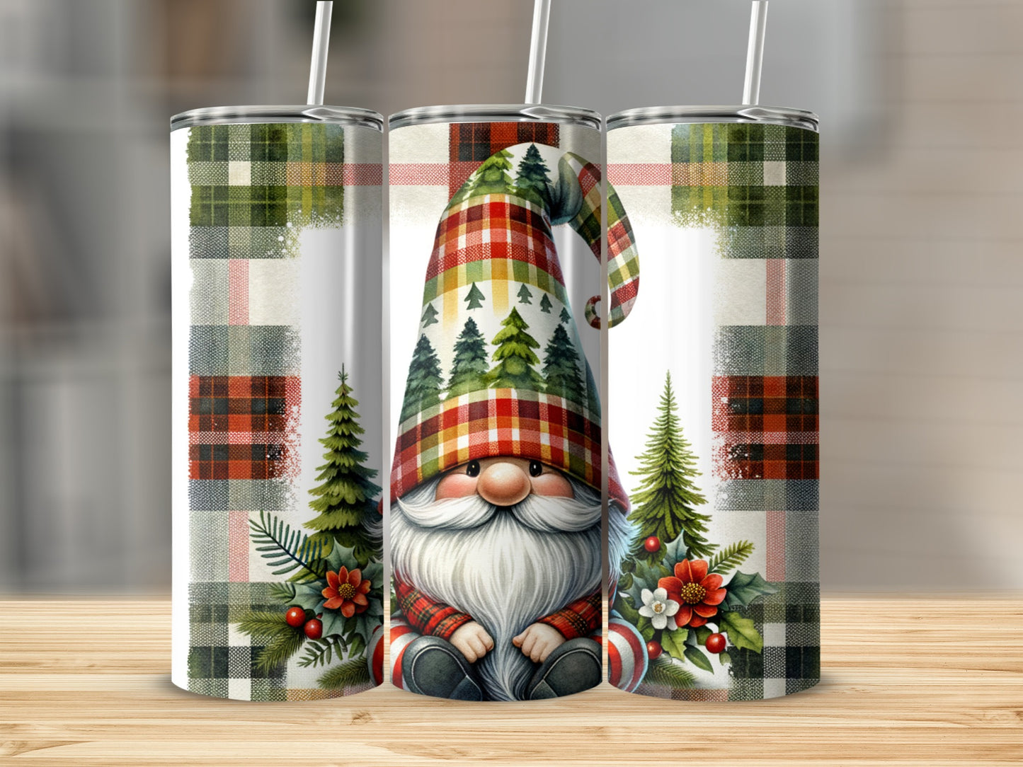 Gnome in a plaid hat with Christmas trees and berries, on a checkered background.